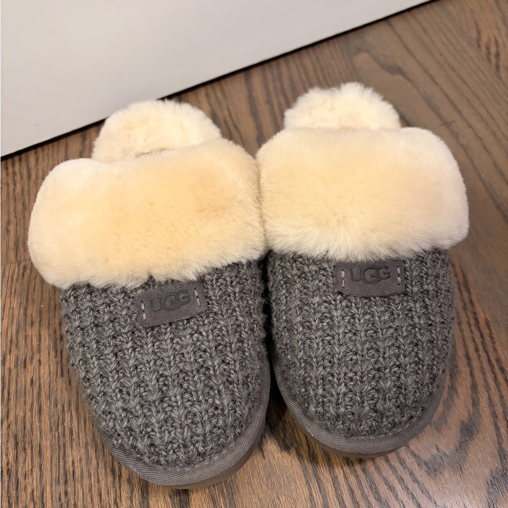 UGG Charcoal Knit Slippers with Soft Beige Fur